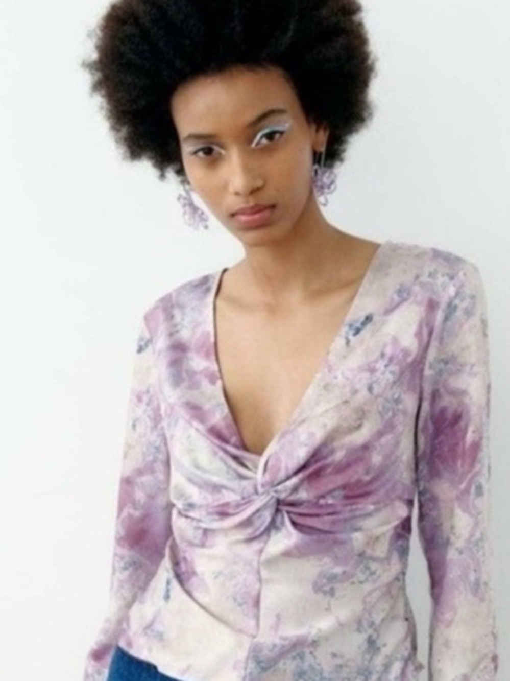 Zara Purple Marble-Print Twist Knot Long Sleeve Top